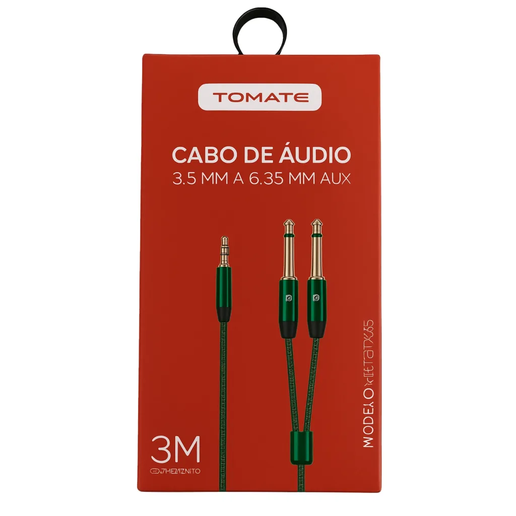 Cabo de Áudio P2 para P10 Estéreo Tomate – 3,5mm para 6,35mm AUX – 3 Metros