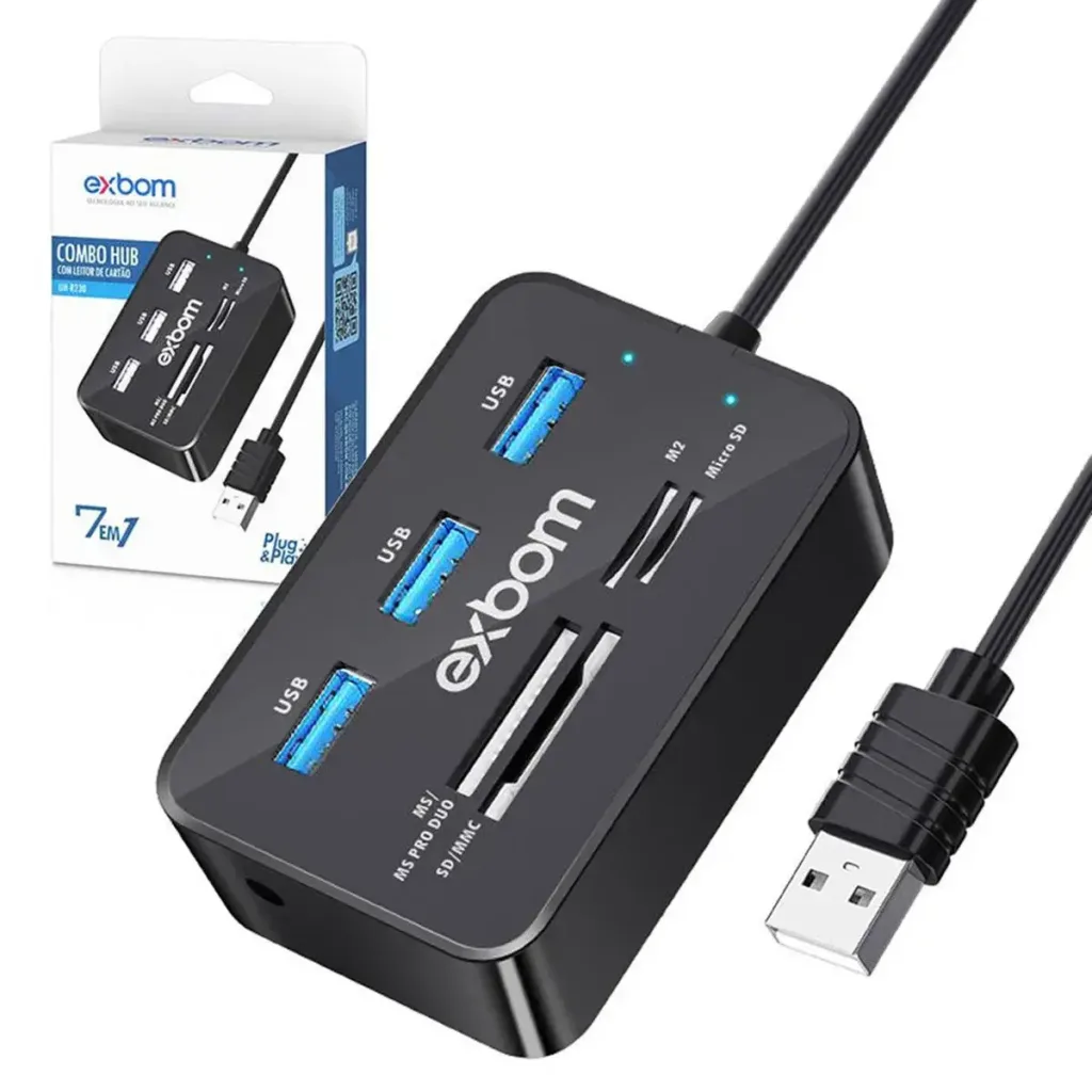 Leitor de Cartão 7 em 1 com 3 portas USB 2.0